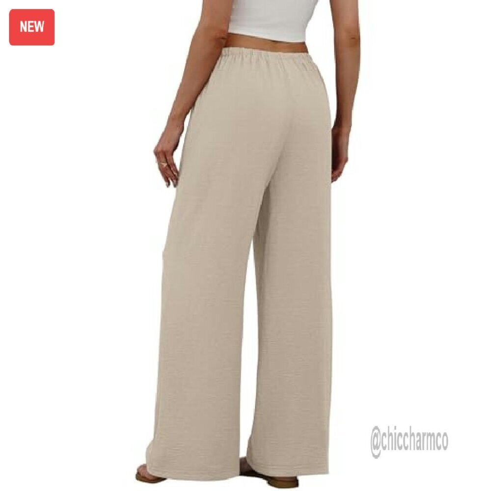 Wide Leg Palazzo Pants with Pockets Drawstring Elastic Waist Flowy Trousers - Picture 6 of 8